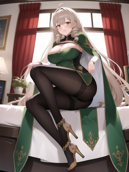 (hyper extreme detailed),(masterpeace),(best quality),(hyper extreme),CG,perfect anatomy,indoors,bedroom,1girl,   <lora:Andrea_Doria:1>,Andrea_Doria,flaxen hair,long hair,green long dress,capelet,pantyhose,high heels,