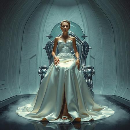 A slender, arrogant  rich norvegian bride, dressed in a luxurious, rich fantasy satin wedding gown with a fitted, boned corset and a full, flared skirt, paired with satin high heels, orgasm face. The brainwashing temple electrode,  connected to a  futuristic superconputer rack. Her hands and ankles are bound to a polished steel throne with massive glass hood  by massive steel restraints, accentuating her ultra-thin waist.  weird fog from the floor. The scene is set in a sterile, empty chamber, with a glossy mother-of-pearl finish, evoking a sense of futuristic dread. Inspired by the cinematic styles of Ridley Scott, Guillermo del Toro, and H.R. Giger, with a blend of sci-fi and horror elements, this full-body portrait is a masterpiece of cinematic storytelling, shot on a virtual v-raptor XL camera, with a warm, film-grained aesthetic, subtle vignette, and rich color grading, reminiscent of 35mm film, with dramatic, atmospheric lighting, inviting the viewer to immerse themselves in this epic, stunning scene.