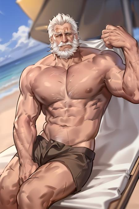 reinhardt, old man, beard, white hair, scar across eye, male trunks, sweamwear, beach, sunlight, lounging, <lora:reinhardtOverwatchLORA_v1:0.8>, best quality