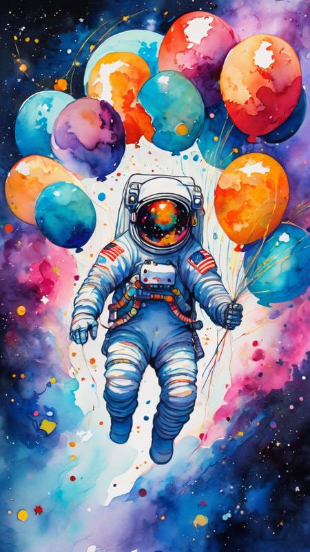 abstract expressionist painting of astronaut flying brings a planet a bouques of baloons, Watercolor, bright shining Stars milky way astrophotography, trending on artstation, sharp focus, studio photo, intricate details, highly detailed, by greg rutkowski, energetic brushwork, bold colors, abstract forms, expressive, emotional