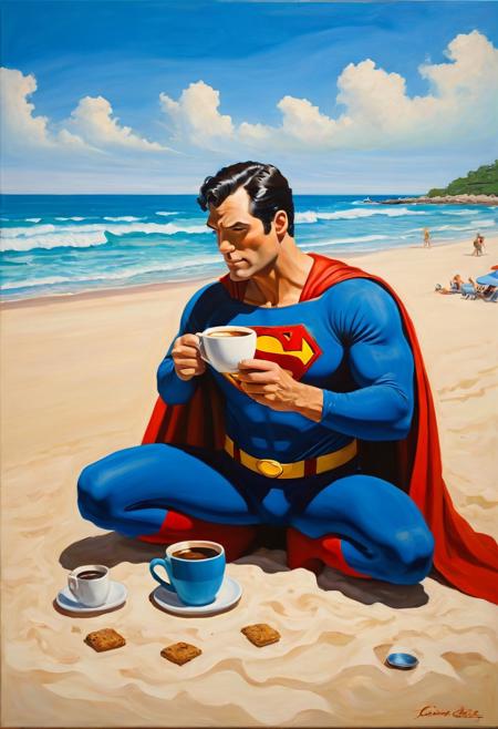 oil painting of Superman drinking Coffee at the beach, accurate, refined, defined, highly detailed, follow negative prompts,
