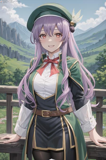 best quality, (masterpiece:1.2), illustration, absurdres,
(1girl, solo), (beautiful detailed girl),  cowboy shot, front view,
<lora:Aeolia-08:0.7>, Aeolia, lilac hair, long hair, red eyes, medium breasts,
green hat, hat with feather ornament, green dress, green coat, (fantasy:1.1) (medieval:1.1) outfit, (black_pantyhose:1.1), white shirt, brown shorts, fleece lined boots, brown boots,
happy, cheerful, looking at viewer,
overlooking distant snowy mountains, distant river, pine forest,,
on back