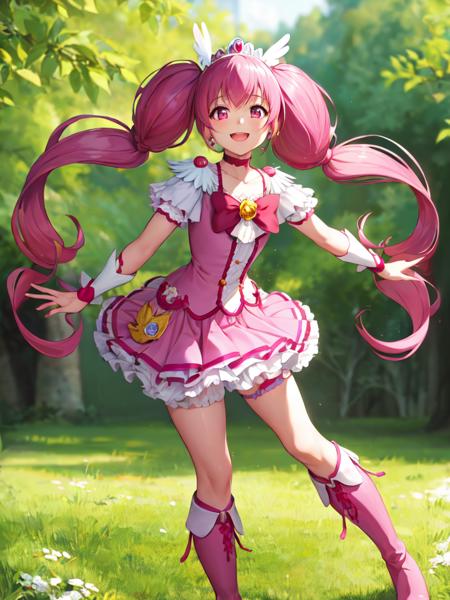 cure happy low twintails, feather hair ornament, skirt, tiara, wrist cuffs, pink shorts, shorts under skirt, boots