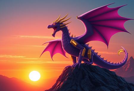 Robot Dragon, purple and gold, dragon wings spread, roaring. On a mountaintop. Synthwave background, sunset, orange and blue.