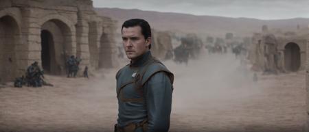 cinematic film still of a close up of a man in a blue uniform in a desolate desert village at noon, overcast, 
, filmic, vignette, highly detailed, high budget Hollywood movie, bokeh, cinemascope, moody, epic, gorgeous, film grain, grainy