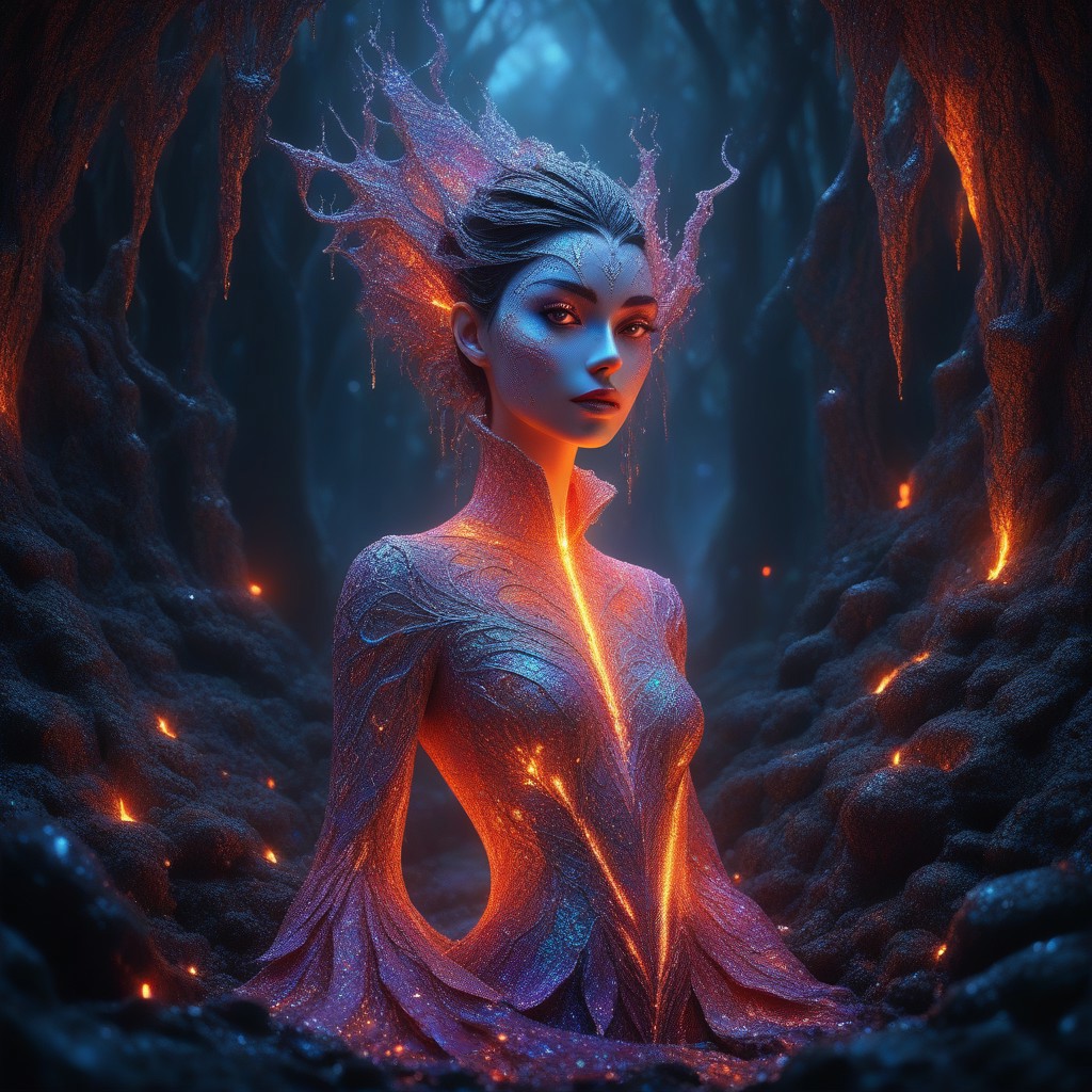 Rating:safe, (best quality:1.4), masterpiece, extremely detailed, CG 8K wallpaper, sharp focus, Colorful Chaos Cracks and Drops.
In a dimly lit, mystical forest, a (dark fairy made of lava) stands out against the shadows, her deep auburn hair and eyes drawing attention like a siren's call. The crimson silk dress she wears features intricate fractal patterns inspired by the flows of lava, adding an air of mystery to her enigmatic presence. Soft, moody lighting wraps around her, casting long shadows and highlighting the delicate curves of her face as the cracks and drops of lava glow in the darkness.