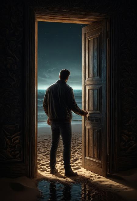 highly detailed, high quality, digital illustration, intricate details, light reflection, trending on artstation, volumetric lighting, extremely clear 8k wallpaper.
A man is opening a closed door on a beach that glows magically. Sense of foreboding, (reflective volumetric), raytracing, absurdres.
scenery, gloomy, dark atmosphere, midjourneyv6.1,