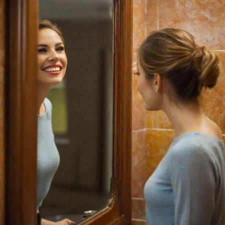 [woman mirror reflection : [woman | insane smile] reflection, insane smile and insane eyes :20] BREAK beautiful woman, from side, looking into a mirror,   The reflection has a huge evil smile that the person does not have,