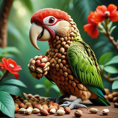 nutstylesnut, a green parrot made of nuts, closeup view, parrot with a red crest, parrot eating a big nut, beak holding a nut.
scenery, jungle, red exotic flowers, depth of field.
(green theme:1.5).
BREAK
aidmaMJ6.1, sfw, PG, anatomically correct, proper proportions, absurdress, newest, perfect quality, best quality, absolutely eye-catching, creative, beautiful, vibrant, masterpiece, 8k, Ultra HD, amazing details, sharp edges, detailed textures, full view, atmospheric lighting, amazing visuals