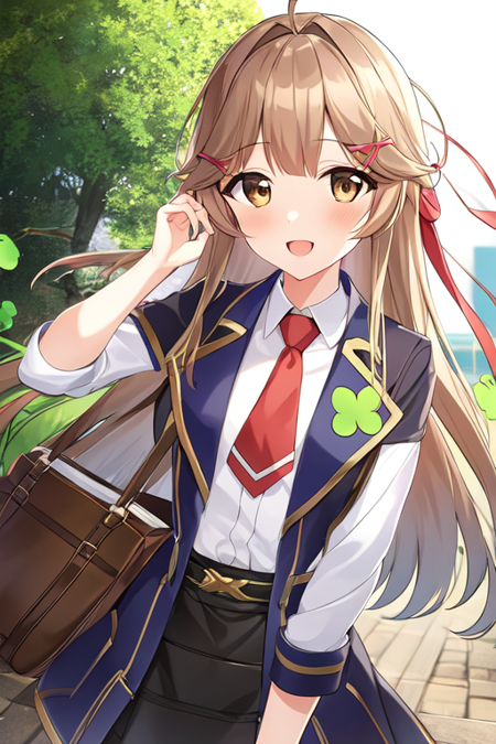 e7_lucy, necktie, purse, hair ornament, school uniform, 1girl, solo, day, open mouth, smile, four-leaf clover