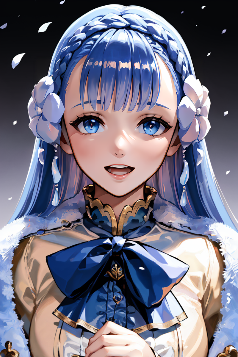 (highly detailed:1.3),
rinea fe, smile, open mouth, snow, snowing, holding, very long hair, flower, hair flower, petals,
U...