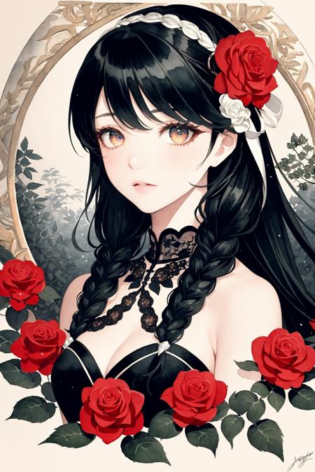 masterpiece, best quality, extremely detailed, watercolor, masterpiece, best quality, extremely detailed, 1girl, (portrait:1.5), beautiful detailed eyes, full body, beautiful detailed face, black hair, (Botanical illustration:1.5), white dress, 1990s (style), (limited palette:1.2), double braid hair, wave hair, long hair, (close eyes:0.9) Face, masterpiece, best quality, CG, wallpaper, HDR, high quality, high-definition, extremely detailed, ((1girl))ï¼white hair, cute face, legs up.wrist cuffs, Detached Sleeves, (Hair Flower:1.05), ((floating hair))Shoulder, Low Twintails, (Red Gradient eyes:1.16), (red rose hair accessories:1.05), modern Gothic long skirts, (beautiful detailed eyes), eye shadow