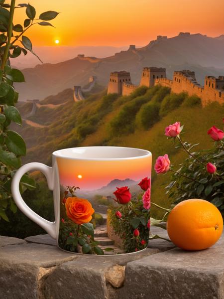 A young mug with a whimsical design,featuring a painted scene of a serene garden,gazes at a beautiful red rose. The warm oranges and pinks of the early morning sun in the painted sky create a sense of peace,while the Great Wall in the distance seamlessly blends into the garden,adding a sense of grandeur to the design.,