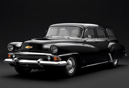 retro-futuristic 4-door 2026 chevy fleetmaster, sleek black body, streamlined design with subtle curves, reduced bubble effect, large rounded headlights with integrated LED rings, bold fenders, refined chrome grille with vertical slats, aerodynamic roofline, low and wide stance, smooth doors seamlessly integrated, deep glossy black finish, chrome accents around windows and lights, sculpted rear with modern rounded taillights, jet-age-inspired design, futuristic yet classic, elegant and refined, four-door layout, sophisticated coupe silhouette, ultra-realistic textures, high-resolution, timeless design combining classic elegance with futuristic elements, subtle chrome highlights, powerful yet sleek appearance, (excessive curves:-1.5), (boxy design:-1.6), (supercar influence:-1.6), (flat shapes:-1.6), (over-the-top luxury cues:-1.5)