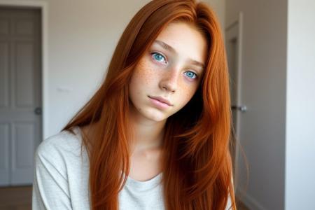 girl , age 18 , eyes naturel brown , very beautiful ,  titsnd slim body naturel ,long red rush hair,freckle naturel  ,