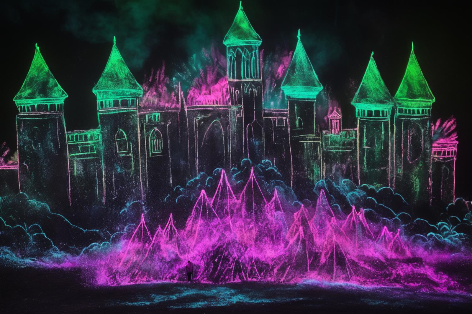 A glowing purple and green castle with an explosion of colorful lights.