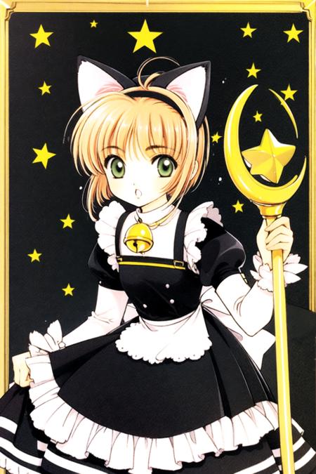 1girl, kinomoto sakura, animal ears, 1990s (style), green eyes, solo, bell, cat ears, holding, retro artstyle, star (symbol), short hair, dress, apron, open mouth, fake animal ears, looking at viewer, bangs, jingle bell, antenna hair, black dress, long sleeves, magical girl, white apron, neck bell, blonde hair, staff, brown hair, black background, hairband, holding staff, frilled apron,  <lora:Card Captor Sakura:0.8>