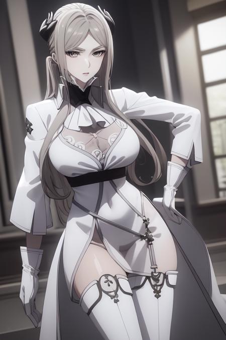 <lora:yorcom-v2:0.8>
yorcom, white coat, white gloves, white thigh boots, ascot, see-through cleavage