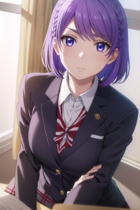 neneodagiri, <lora:nene odagiri s1-lora-nochekaiser:1>,
nene odagiri, short hair, (purple eyes:1.1), purple hair, braid,
BREAK skirt, bow, school uniform, jacket, pleated skirt, plaid, plaid skirt, blazer,
BREAK indoors, classroom,
BREAK looking at viewer,
BREAK <lyco:GoodHands-beta2:1>, (masterpiece:1.2), best quality, high resolution, unity 8k wallpaper, (illustration:0.8), (beautiful detailed eyes:1.6), extremely detailed face, perfect lighting, extremely detailed CG, (perfect hands, perfect anatomy),