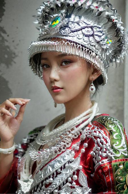 1girl,solo,hat,jewelry,earrings,realistic,pearl \(gemstone\),dress,<lora:Hmong_costume_Red_XL_V2:1>,