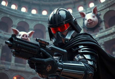 Star Wars bounty hunter, "Golgoil the Steel Seismic Smasher", Colosseum-Cage backdrop, black helmet, red visor, black cape, blaster rifle, dynamic action pose. Pink pig's head mounted on wall. Cinematic, dramatic lighting, Octane Render, Unreal Engine 5 pro, Raphael style, splash ink illustration, CGSociety, trending on ArtstationHQ, golden ratio. 4k, hyperdetailed face, vivid colors, matte painting, impeccable composition, attractive background, balanced editing.