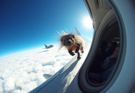 “An androgynous porcupine jogging on the wing of an Airbus, its quills swaying in the wind as it moves, looking directly at the viewer through the window of the plane. The scene is captured with a cheap GoPro camera using a hyper fisheye lens, creating a distorted, wide-angle view. The plane is cruising high above the clouds, sunlight reflecting off its metallic surface. Inside the cabin, passengers are visible through the window, clearly startled by the sight. The porcupine has an unsettling, creepy smile, adding an eerie, surreal vibe to the scene. In the background, an F-35 fighter jet floats among the clouds, further intensifying the bizarre, dreamlike quality of the moment.”