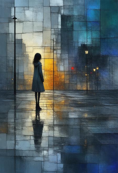 A melancholic and evocative depiction of a young woman reflected in a rain-slicked cityscape, fractured and reimagined in a Cubist stained-glass style. The scene explodes into geometric shards, showcasing fragmented perspectives of the girl, the distorted cityscape shimmering in the puddle, and the interplay of somber light and deep shadows. The palette utilizes muted blues and greys for the cityscapeâs skyline, vibrant cadmium yellow and crimson red reflected in the puddle's surface, and patches of crisp white to highlight the girlâs silhouette. Photorealistic textures of rain-soaked pavement, the girlâs clothing, and the building's facades harmonize with the fractured composition, creating a powerfully symbolic portrait of isolation, resilience, and the beauty found within fleeting moments. Ultra detailed, 8k resolution, volumetric lighting, octane render, emphasizing the interplay of light and shadow and evoking a feeling of poignant beauty and quiet contemplation.