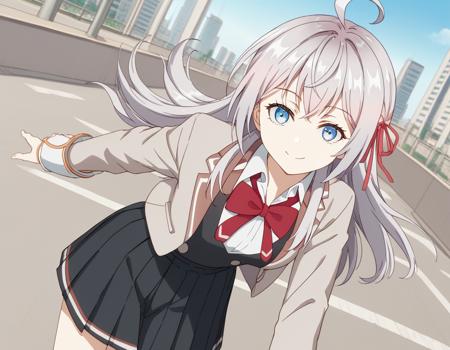 alisa mikhailovna kujou, long hair, bangs, blue eyes, hair ribbon, ahoge, grey hair, red ribbon, large breasts, skirt, shirt, long sleeves, bow, school uniform, jacket, white shirt, pleated skirt, collared shirt, bowtie, black skirt, red bow, red bowtie, blazer, grey blazer, long sleeves,