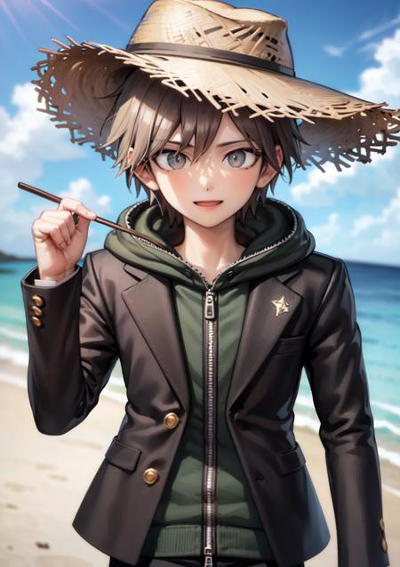 masterpiece, best quality, 1boy, black jacket, hood, short hair, brown hair, black pants, <lora:MakonaeA-08:0.45>, blue sky, freedom, summer, happy, straw hat