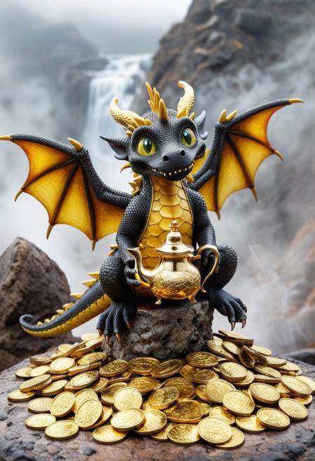 a little cute dragon made entirely of atai, sitting on a pile of gold coins, offering a teapot, solo, big eyes, wings, detailed eyes, (smoke:0.9), rock, outdoor, mist