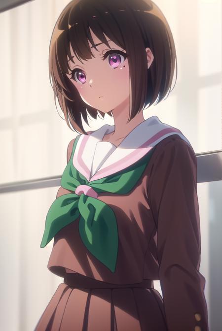 kaorinakaseko, <lora:kaori nakaseko s2-lora-nochekaiser:1>,
kaori nakaseko, short hair, bangs, brown hair, (pink eyes:1.3), mole, mole under eye,
BREAK skirt, shirt, long sleeves, school uniform, pleated skirt, serafuku, neckerchief, (brown skirt:1.2), white sailor collar, (brown shirt:1.2), kitauji high school uniform, (green neckerchief:1.5),
BREAK indoors, classroom,
BREAK looking at viewer, (cowboy shot:1.5),
BREAK <lyco:GoodHands-beta2:1>, (masterpiece:1.2), best quality, high resolution, unity 8k wallpaper, (illustration:0.8), (beautiful detailed eyes:1.6), extremely detailed face, perfect lighting, extremely detailed CG, (perfect hands, perfect anatomy),