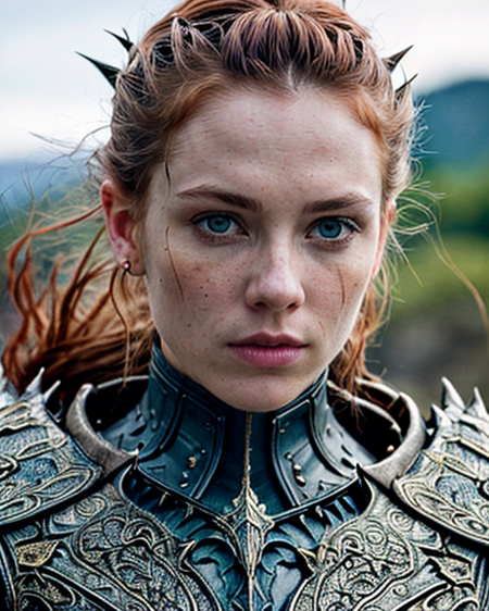 young ginger woman, (worlds most beautiful face), grotesque dragonbone armor, warped organic plating, fused with melted bone and twisted spiked shapes, dark fantasy design, armor is asymmetrical and covered in sharp ridges and baroque engravings, ancient and divine aesthetic, cursed gothic plating, portrait, ultra realistic cinematic photo, natural lighting, soft shadows, shallow depth of field, high detail, sharp focus, 50mm photography, realistic skin texture, accurate anatomy, lifelike expression, natural environment, clean background, highly detailed textures in clothing, hair, and lighting