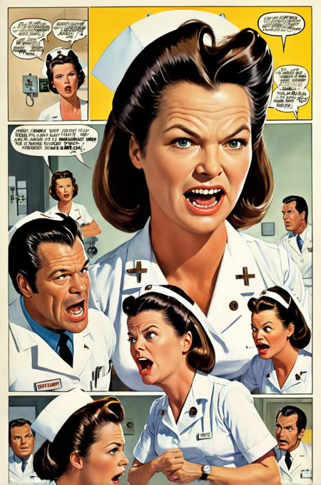 Nurse Ratched woman A full-page comic spread depicting a confrontation between Nurse Ratched and a patient, exaggerated expressions, dynamic lines, and speech bubbles containing intense dialogue