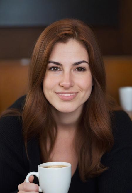 crooked nose, portrait, 28 year old woman, wide chin, big brown eyes, long auburn hair , wide nose, pores, natural skin, smirking, (leaning forward looking upwards), (strong eyebrows),  cleavage, open black pullover, (big cheekbones), cozy caffee