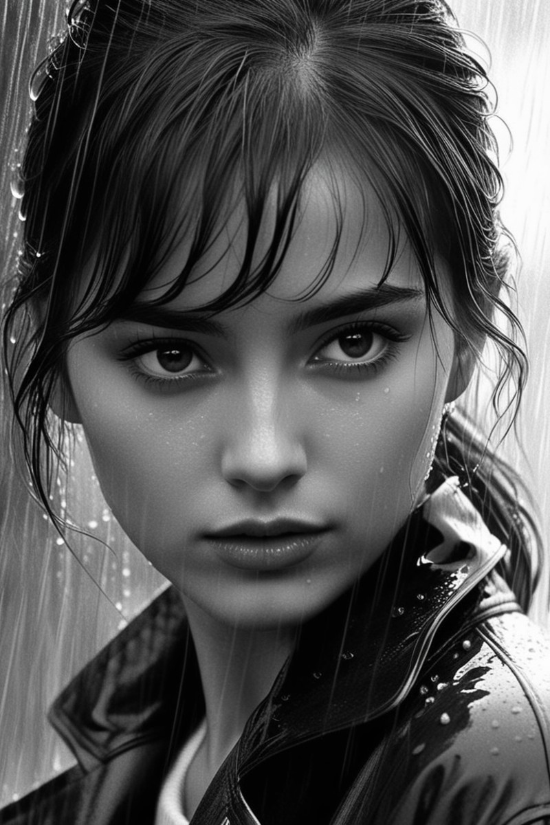Close-up,  portrait,  oil paint,  black and white photo of a woman in the rain,  black and white photo,  by Zlatyu Boyadzh...