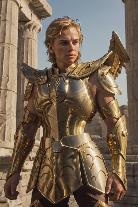 best quality close up portrait of an heroic man, in medieval armor with short blonde hair, near a ancient greek temple at sunset. (full body armor), (detailed armor, golden armor, high quality), (wings armor) (ornate armor), (gauntlet), (hdr), (noble), inspiring, film grain, cinematic lighting, (hight detailed skin), <lora:SagittariusArmor:0.6>  <lora:polyhedron_skinny_all:0.5>