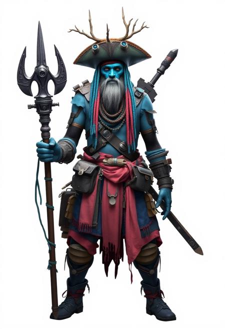 Death Stranding art-style, full body photo of A pirate member of the Aquafins tribe, their appearance with influences from their developing technology (Level 2). They wear attire colored in Ocean Blue and Coral Pink (hex: #1E90FF, #FF7F50), reflecting the tribe's aesthetic. Their equipment and accessories highlight the tribe's aquatic abilities, with tools and attire designed for underwater us, white background, looking at the viewer, centered, 8k resolution, trending on ArtStation