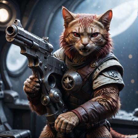 cinematic photo a detailed  award winning photo, cute red haired cat space pirate on his spaceship ,realistic fur, fangs , angry, holding a big futuristic gun, epic pose, high quality photography, 3 point lighting, flash with softbox, 4k, Canon EOS R3, hdr, smooth, sharp focus, high resolution, award winning photo, 80mm, f2.8, bokeh . 35mm photograph, film, bokeh, professional, 4k, highly detailed