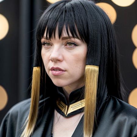 close-up photo of C4rlyR43J3ps3n_V2-Emb , makeup, wearing black robes with gold trim,inside palace of black marble and gold trim, 8k uhd, high quality, dramatic, bokeh, hyper realistic , lifelike texture, ((very long hair)), cropped bangs, black hair, ((flat bangs)), bangs cover forehead