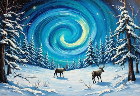 Vincent's Winter Wonderland: A swirling vortex of celestial blues and greens envelops a snow-dusted forest, as reindeer graze serenely amidst frozen tree limbs and icy glades. The aurora borealis' vibrant hues dance across the canvas, casting an ethereal glow on frosted branches and frost-rimmed trees. Brushstrokes bold and expressive, textures rich and tactile, capturing winter's peaceful majesty under starry skies.