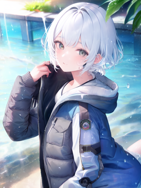 1girl, white hair, short hair, parka, water splash, wet, dynamic, looking at viewer,