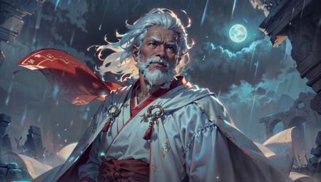 (extremely detailed:1.3), (masterpiece:1.3), sfw, (historical fantasy art:1.3), a viewed from hip level illustration of a
(likely old man with a overweight body:1.3), (detailed (dark mahogany-colored) skin, detailed hands, detailed fingers, detailed face:1.3), (detailed white hair with white beard:1.3), (detailed turquoise eyes), (stealthily atrocious:1.3), (wearing (white and red) fantasy (white mage robes) made of cotton and silk adorned with beads, cape blowing in the wind:1.3), (raining, wet hair, wet clothes:1.3), (detailed ancient mystical ruins background:1.3), (moonlight, nighttime, night, dim lighting, dark atmosphere, daylight:-0.6, sunlight:-.6:1.3), sharp focus, (strong depth of field:1.1) <lora:add_detail:.2> <lora:JW:.2>