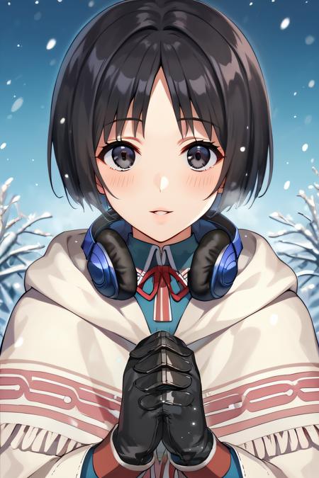 isara, black hair, black eyes, short hair military uniform, dark headphones around neck, fringe trim, poncho, black gloves, shawl, blue skirt, blue thighhighs, black knee boots, fur boots