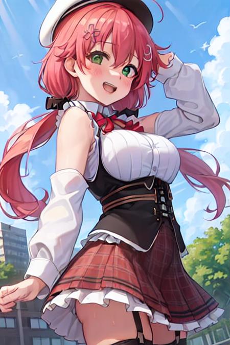 1girl, solo, best quality, sakura miko, white shirt, hat, black thighhighs, garter straps, plaid skirt, pink hair, green eyes, ahoge, low twintail, large breasts, sleeveless, hair ornament, dynamic pose, outdoors, city background, black vest, smile, open mouth, 
 <lora:mikomikoskin_locon_v1:0.8>