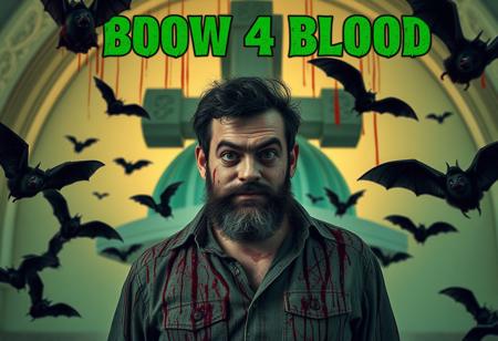 “Posaman, portrayed by Italian actor and comedian Lillo, is reimagined in a haunting, blood-drenched style, with his exaggerated, quirky poses taking on an eerie twist. Using Panavision Prime lenses, capture every detail of his expressive face, short beard, and casual-yet-confident demeanor, now with a dark, sinister edge. In the background, a massive Celtic cross looms against a pastel green dome, both streaked with dripping blood, while eerie, dark bats flap around erratically, casting unsettling shadows. His clothing, soaked in crimson splashes, adds hyper-realistic texture to the scene. At the top, the words ‘BLOW 4 BLOOD’ appear in massive green font with a pale shadow, hovering like a ghostly banner. His exaggerated, grotesque poses, surrounded by the chaos of flapping bats and blood, blend dark humor and horror, enhancing his macabre comedic style with chilling authenticity.”