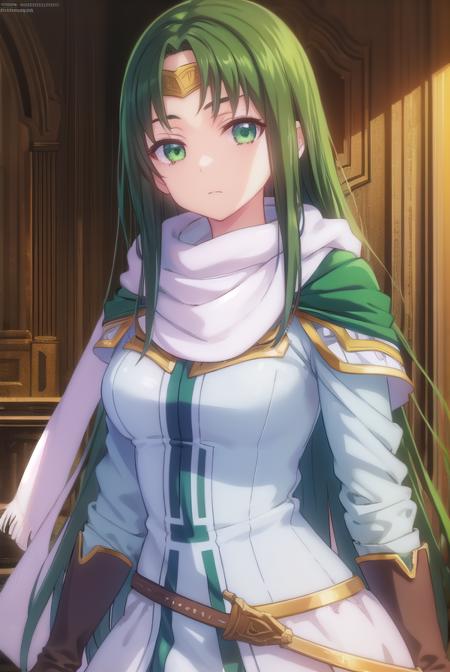 marisamarilis, <lora:maris amarilis-lora-nochekaiser:1>,
maris amarilis, long hair, (green eyes:1.5), green hair, circlet,
BREAK gloves, fingerless gloves, dress, white dress, capelet, cape, scarf, white scarf, long sleeves,
BREAK indoors, castle,
BREAK looking at viewer, (cowboy shot:1.5),
BREAK <lyco:GoodHands-beta2:1>, (masterpiece:1.2), best quality, high resolution, unity 8k wallpaper, (illustration:0.8), (beautiful detailed eyes:1.6), extremely detailed face, perfect lighting, extremely detailed CG, (perfect hands, perfect anatomy),