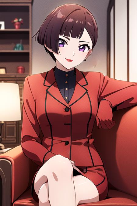 masterpiece, best quality, <lora:daidouji_sonomi:0.7> daidouji_sonomi, 1girl, solo, short hair, brown hair, purple eyes, looking at viewer, lipstick, makeup, looking at viewer, smile, indoors, red couch, red suit, red blazer, red skirt, pencil skirt, crossed legs, from below,