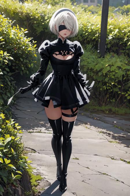 2B, 1girl, solo, short hair, thighhighs, black costume, black, gloves, long sleeves, dress, standing, white hair, hairband, boots, outdoors, black gloves, puffy sleeves, black thighhighs, black footwear, black dress, clothing cutout, thigh boots, cleavage cutout, grass, black hairband, juliet sleeves, mole under mouth, blindfold, covered eyes, thighhighs under boots, black blindfold, feather-trimmed sleeves anime, realistic, masterpiece <lora:2B:1>