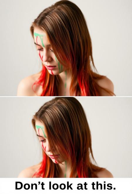 young lady dying hair with plastic paint joke text "don't look at this"  in panels