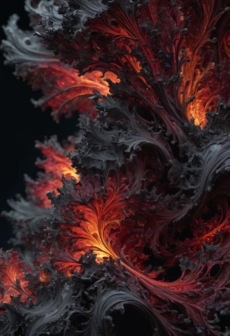microscopic sculpture, petrified fluid, depth of field, raw sharp macro photo closeup of 3d fractal flame, darkness, atmospheric, moody, luminescent, intricate detail, intense deep red color, high contrast, dimly lit from the side, dark gray background